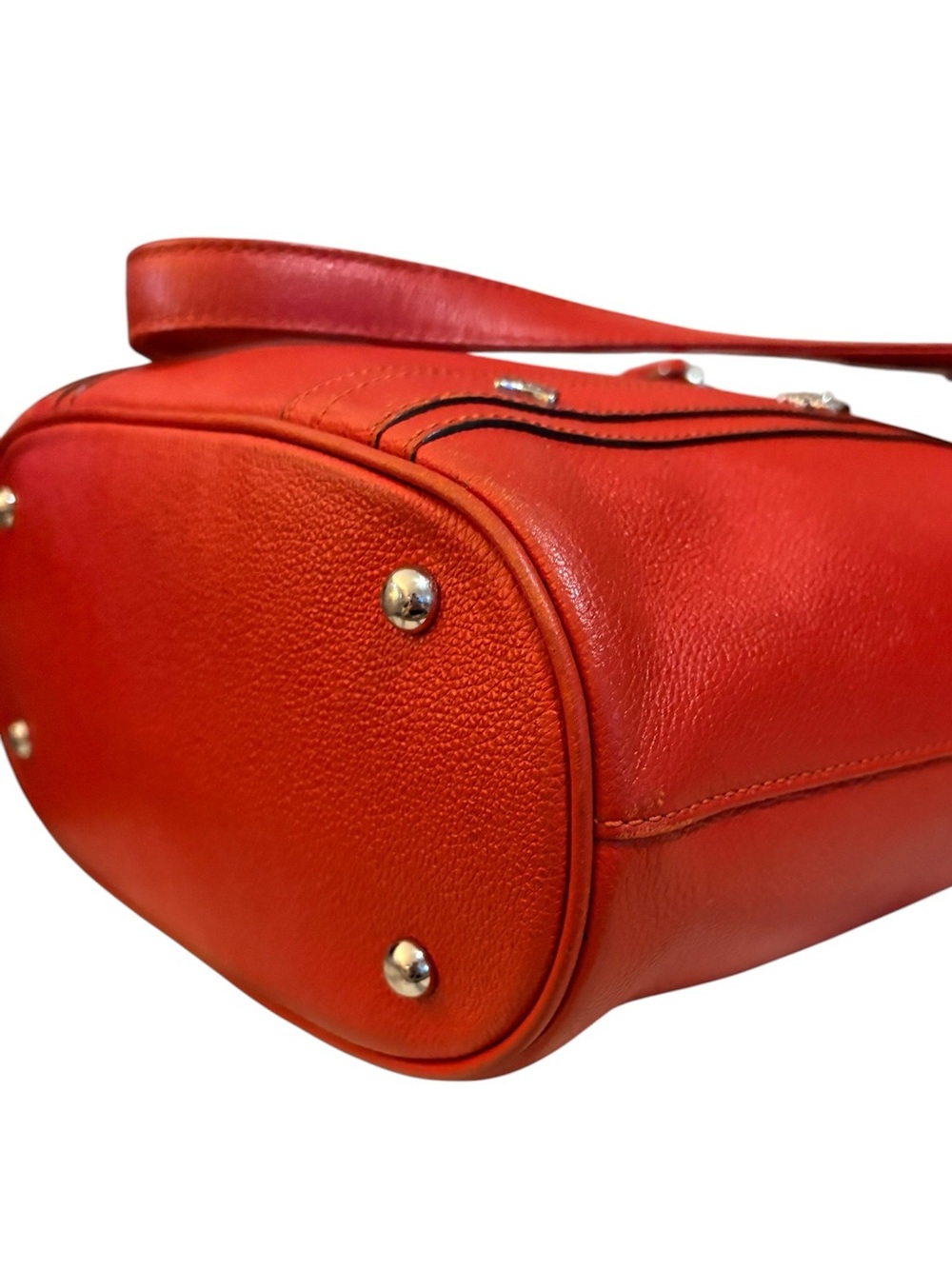 MCM Coral Red Pebbled Leather Studded Tote Bag - Picture 7 of 14